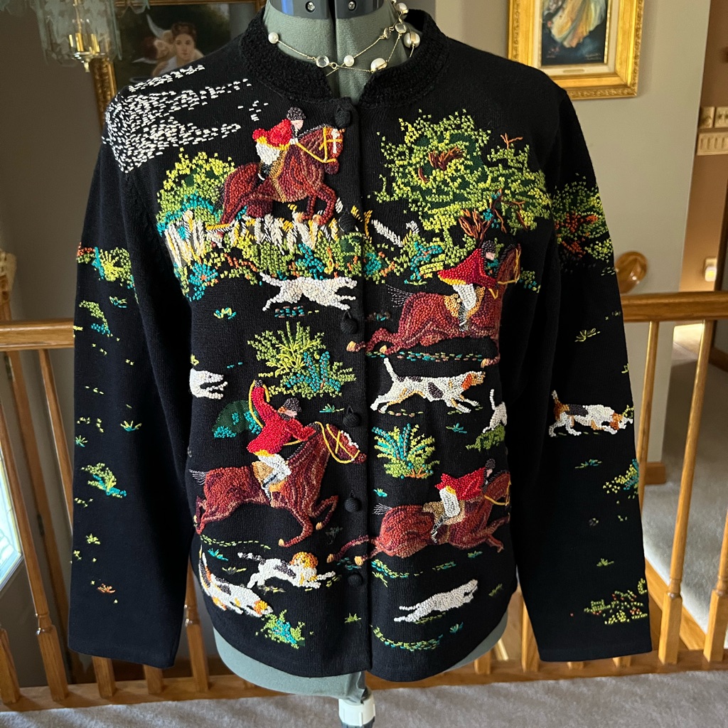 Michael Simon M L Horse Hunt Dog Sweater Cardigan Equestrian Kentucky Derby